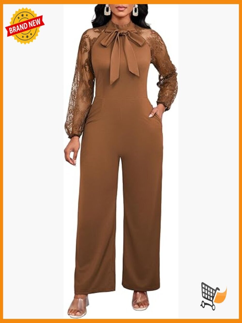 Crew Neck Mesh Ruffle Long Sleeve Jumpsuit with Pocket